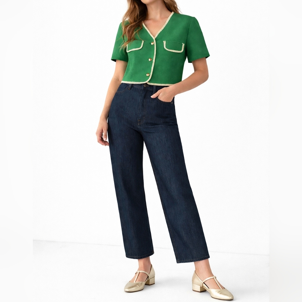 ALLEGRA K Metallic Braided Trim Cropped Jacket | L | Green | Preppy Retro